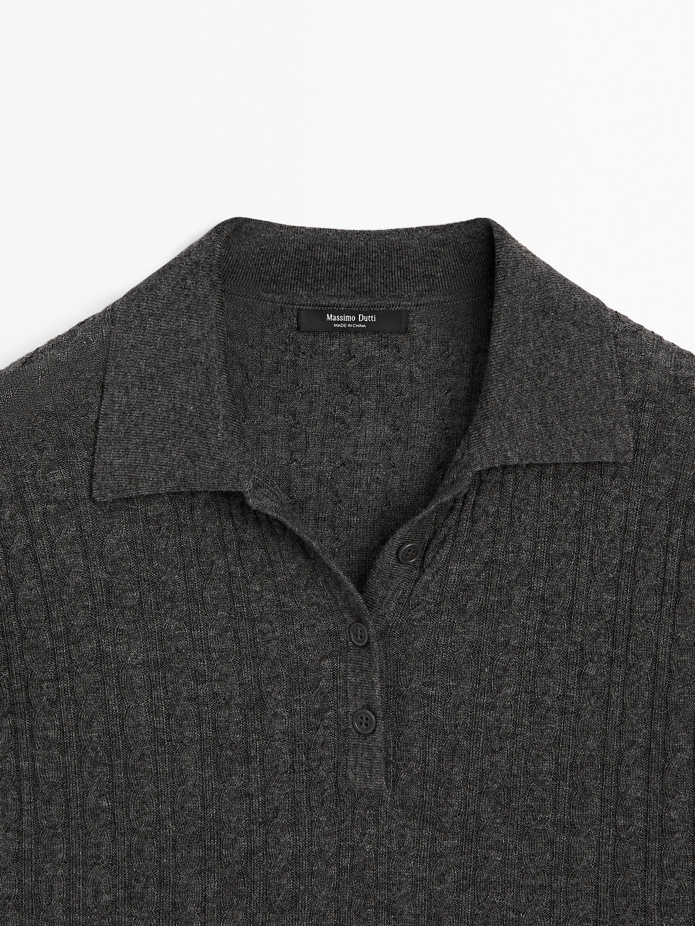 Wool blend cable-knit polo shirt
